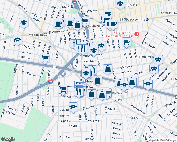 map of restaurants, bars, coffee shops, grocery stores, and more near in Queens