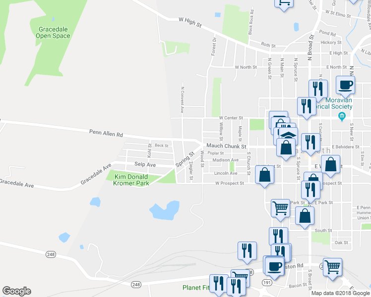 map of restaurants, bars, coffee shops, grocery stores, and more near 121 South Convent Avenue in Nazareth