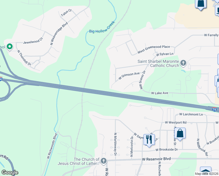 map of restaurants, bars, coffee shops, grocery stores, and more near Interstate 74 in Peoria