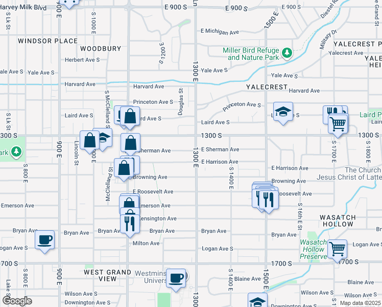map of restaurants, bars, coffee shops, grocery stores, and more near 1249 Harrison Avenue South in Salt Lake City
