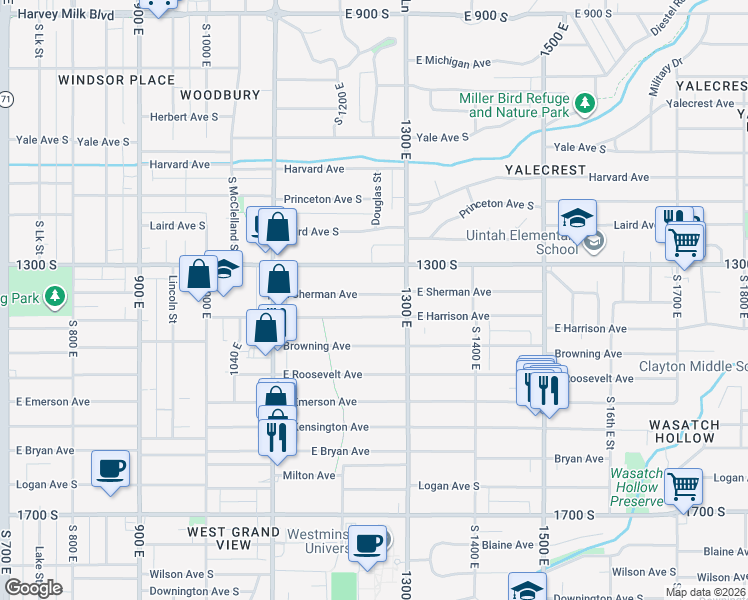 map of restaurants, bars, coffee shops, grocery stores, and more near 1249 Harrison Avenue South in Salt Lake City