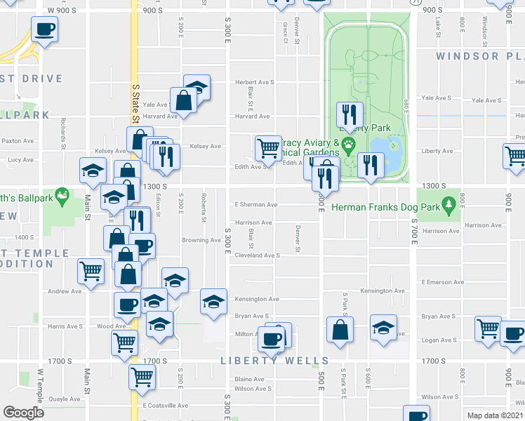 map of restaurants, bars, coffee shops, grocery stores, and more near 369 Harrison Avenue in Salt Lake City