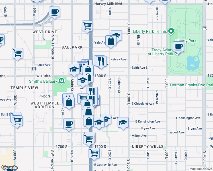 map of restaurants, bars, coffee shops, grocery stores, and more near 1367 Edison Street in Salt Lake City