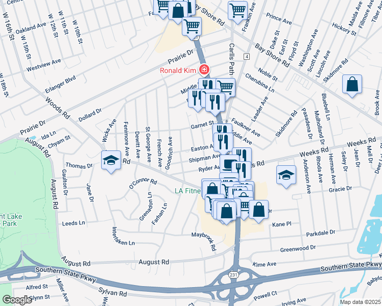map of restaurants, bars, coffee shops, grocery stores, and more near 57 Shipman Avenue in North Babylon