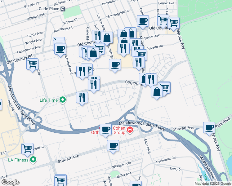 map of restaurants, bars, coffee shops, grocery stores, and more near 278 Roosevelt Way in Westbury