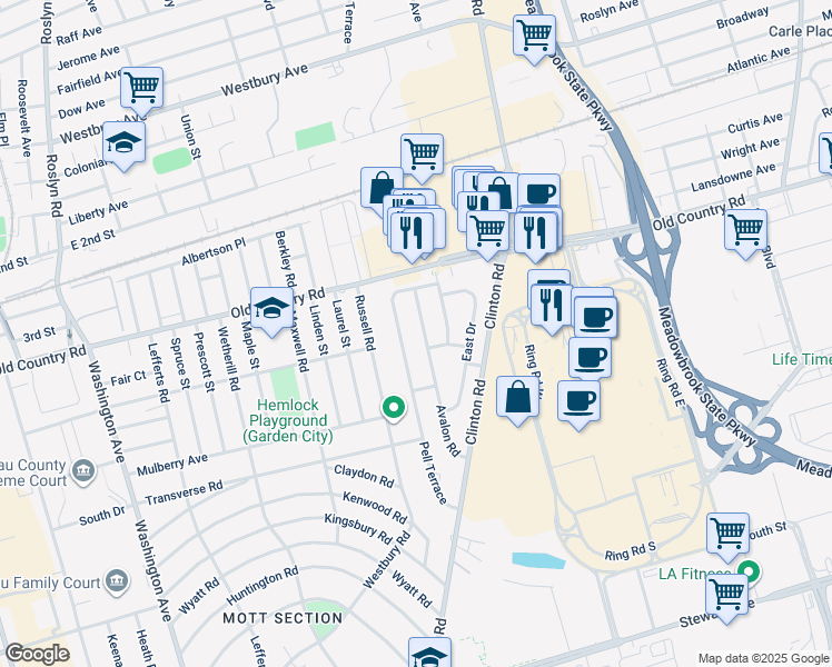 map of restaurants, bars, coffee shops, grocery stores, and more near 2 Surrey Lane in Garden City