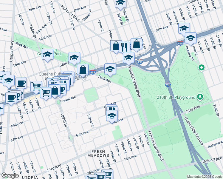 map of restaurants, bars, coffee shops, grocery stores, and more near 196-10C 65th Crescent in Queens
