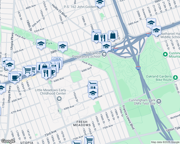 map of restaurants, bars, coffee shops, grocery stores, and more near 194-25H 65th Crescent in Queens