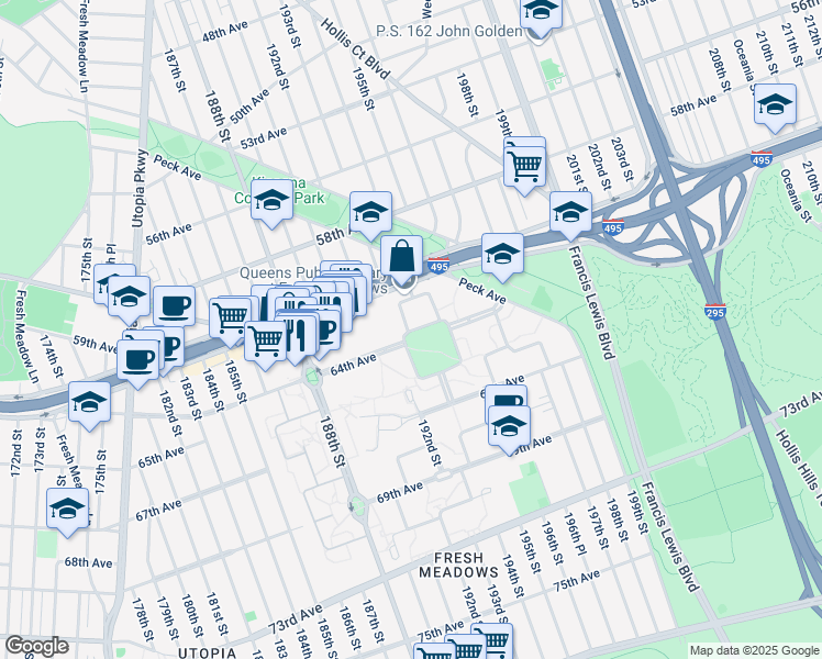 map of restaurants, bars, coffee shops, grocery stores, and more near 193-1-193-99 64th Circle in Queens