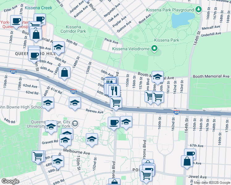 map of restaurants, bars, coffee shops, grocery stores, and more near 5941 Kissena Boulevard in Queens