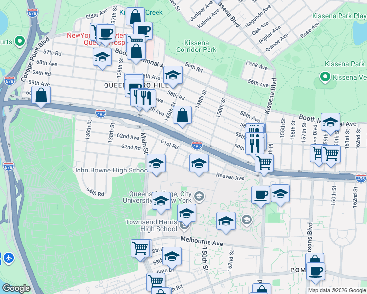 map of restaurants, bars, coffee shops, grocery stores, and more near 148-30 61st Road in Queens