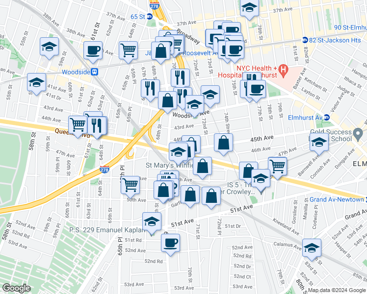 map of restaurants, bars, coffee shops, grocery stores, and more near in Queens