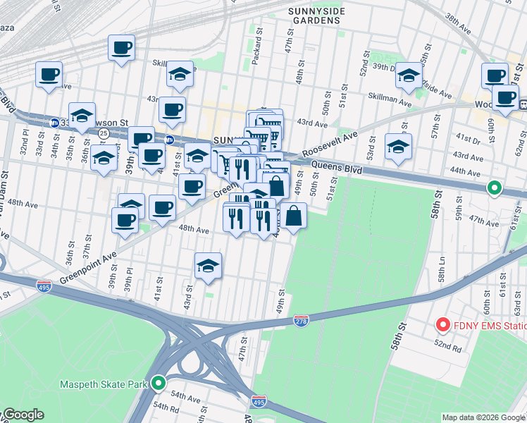 map of restaurants, bars, coffee shops, grocery stores, and more near 47-42 47th Street in Queens