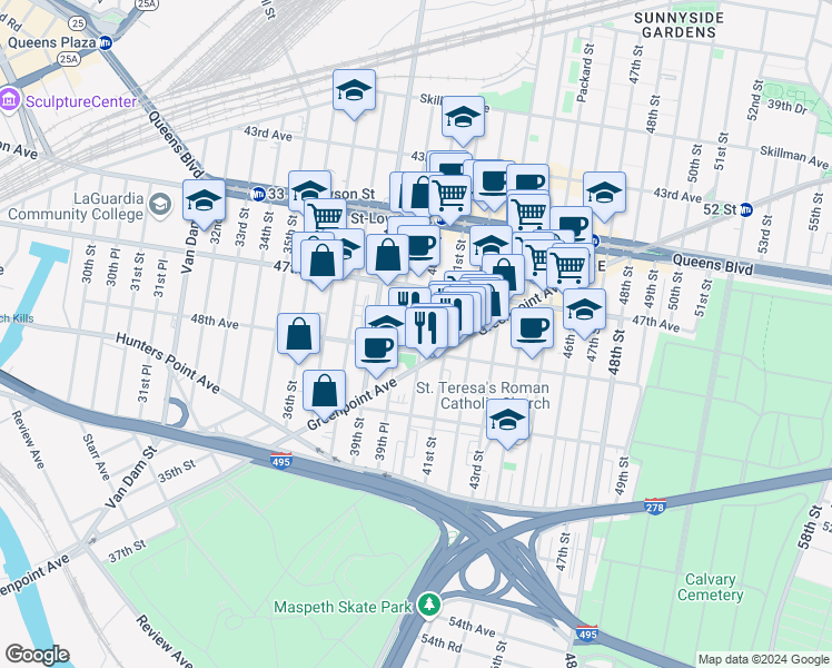map of restaurants, bars, coffee shops, grocery stores, and more near 40-15 48th Avenue in Queens