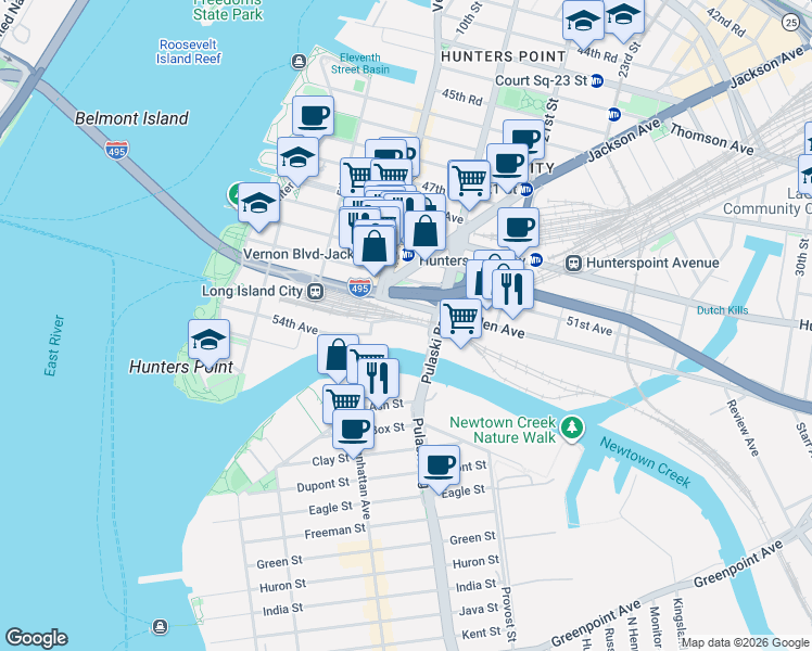 map of restaurants, bars, coffee shops, grocery stores, and more near 53-28 11th Street in Queens