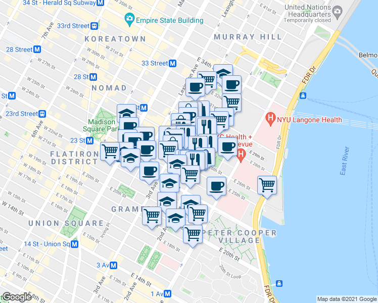 map of restaurants, bars, coffee shops, grocery stores, and more near in New York