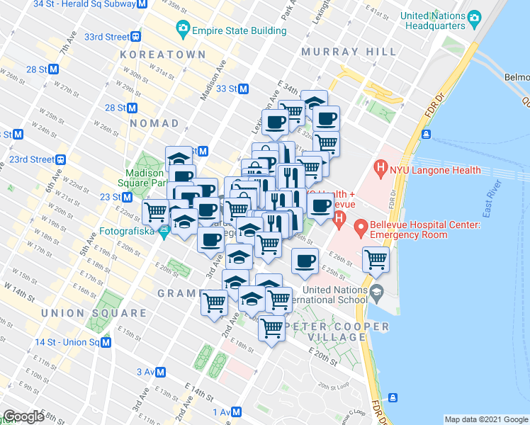 map of restaurants, bars, coffee shops, grocery stores, and more near 123 5th Avenue in New York