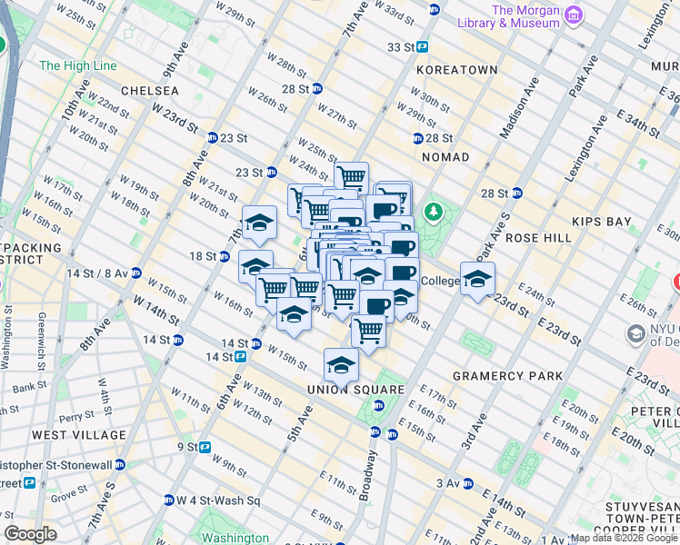 map of restaurants, bars, coffee shops, grocery stores, and more near 20 West 20th Street in New York