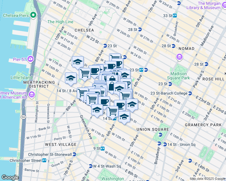 map of restaurants, bars, coffee shops, grocery stores, and more near in New York