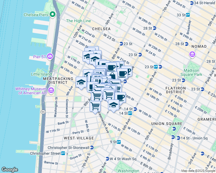 map of restaurants, bars, coffee shops, grocery stores, and more near 228 West 15th Street in New York