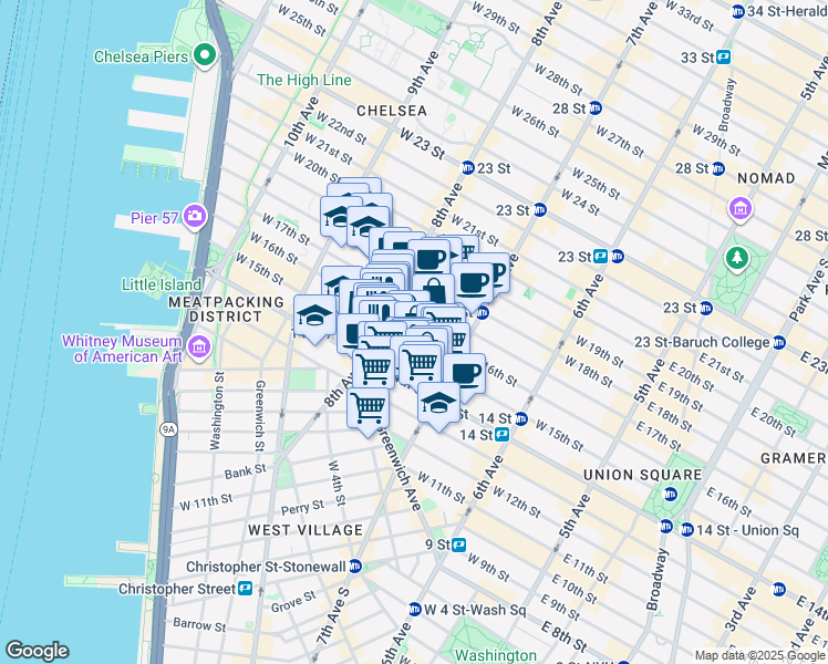 map of restaurants, bars, coffee shops, grocery stores, and more near 228 West 15th Street in New York