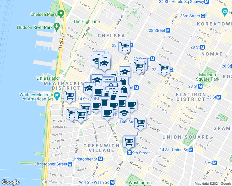map of restaurants, bars, coffee shops, grocery stores, and more near 228 West 15th Street in New York