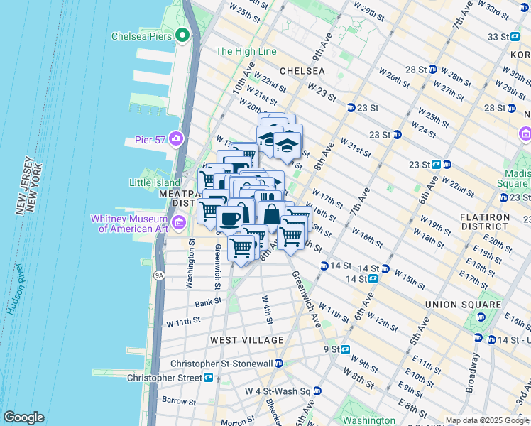 map of restaurants, bars, coffee shops, grocery stores, and more near 2 Gansevoort Street in New York