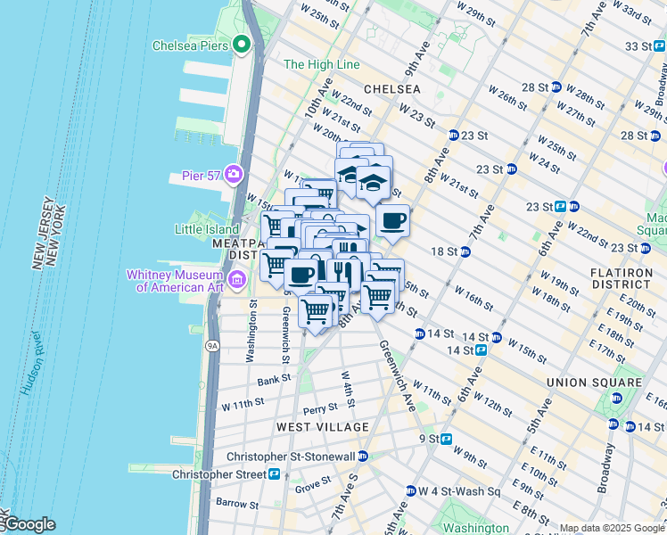 map of restaurants, bars, coffee shops, grocery stores, and more near 2 Gansevoort Street in New York