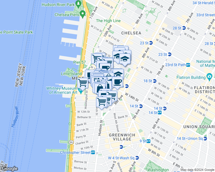 map of restaurants, bars, coffee shops, grocery stores, and more near 18 9th Avenue in New York