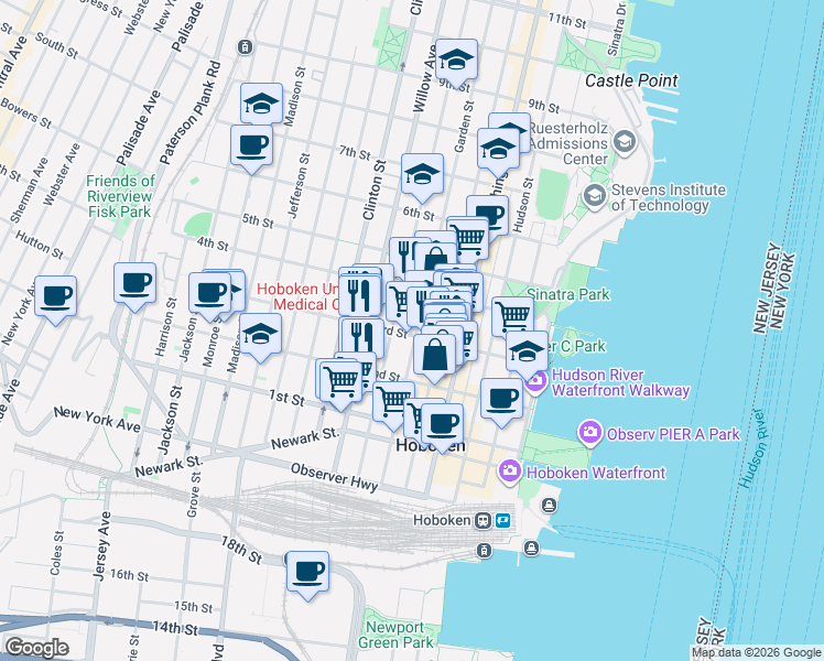 map of restaurants, bars, coffee shops, grocery stores, and more near 223 Park Avenue in Hoboken