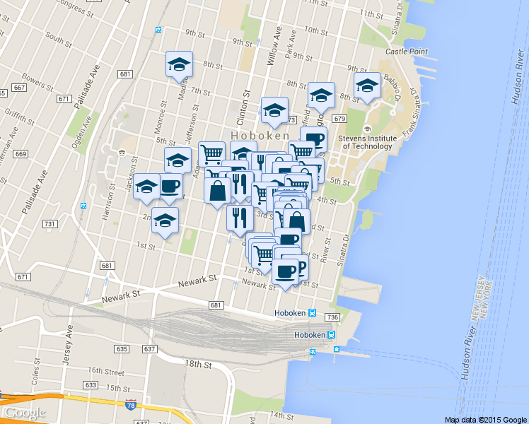map of restaurants, bars, coffee shops, grocery stores, and more near 223 Park Avenue in Hoboken