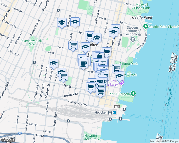 map of restaurants, bars, coffee shops, grocery stores, and more near 223 Park Avenue in Hoboken