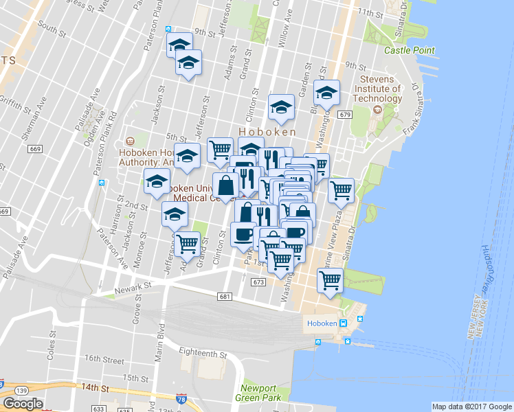 map of restaurants, bars, coffee shops, grocery stores, and more near 223 Park Avenue in Hoboken