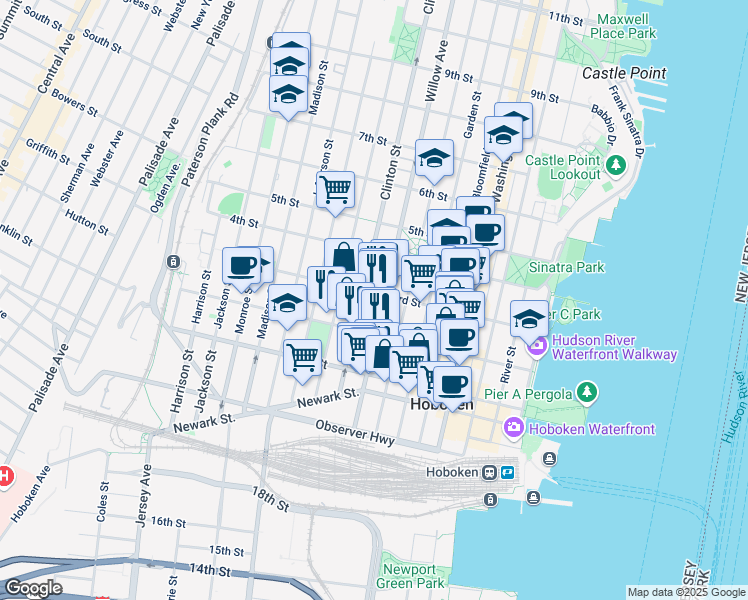 map of restaurants, bars, coffee shops, grocery stores, and more near in Hoboken
