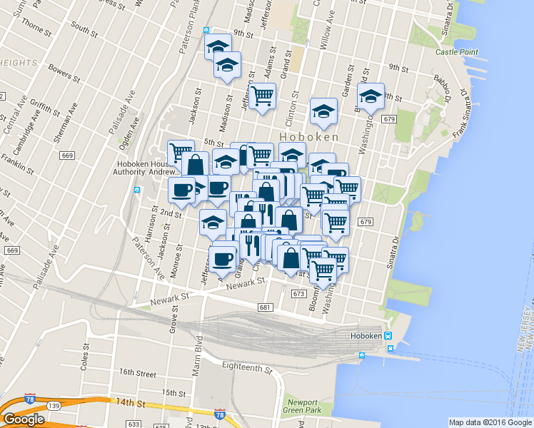 map of restaurants, bars, coffee shops, grocery stores, and more near in Hoboken