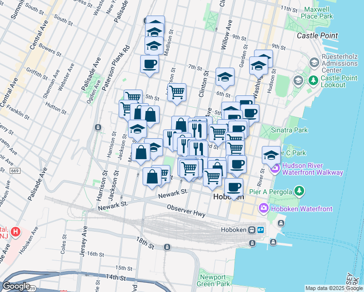 map of restaurants, bars, coffee shops, grocery stores, and more near in Hoboken