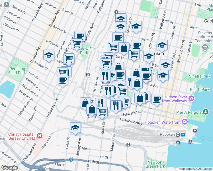 map of restaurants, bars, coffee shops, grocery stores, and more near 126 Monroe Street in Hoboken