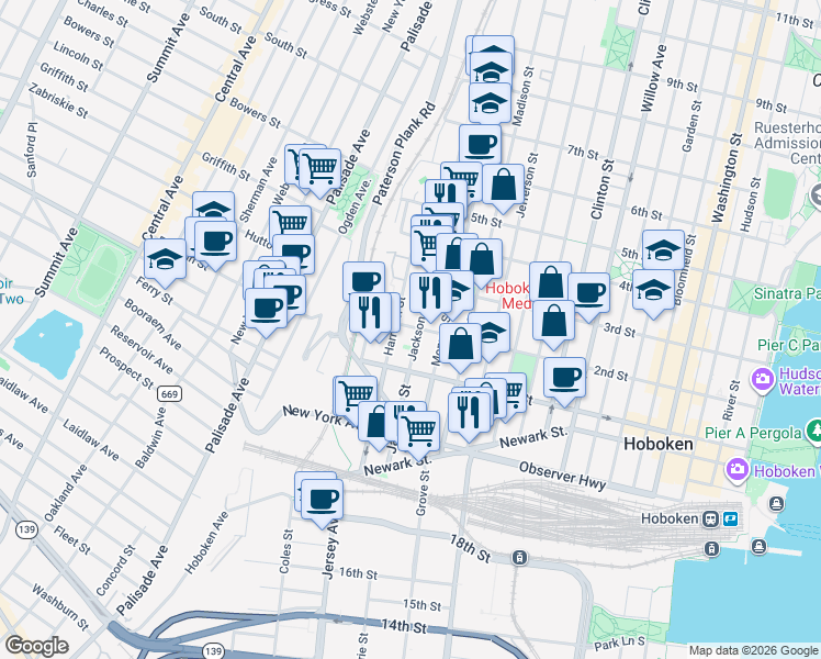 map of restaurants, bars, coffee shops, grocery stores, and more near 117 Harrison Street in Hoboken