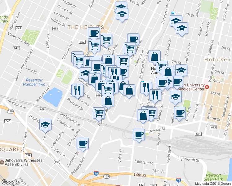map of restaurants, bars, coffee shops, grocery stores, and more near 161 Ogden Avenue in Jersey City