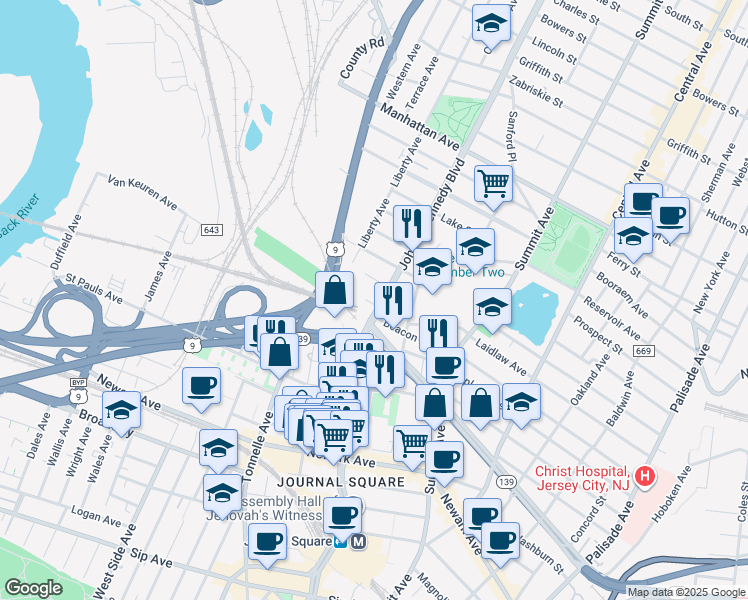 map of restaurants, bars, coffee shops, grocery stores, and more near 3140 John F. Kennedy Boulevard in Jersey City