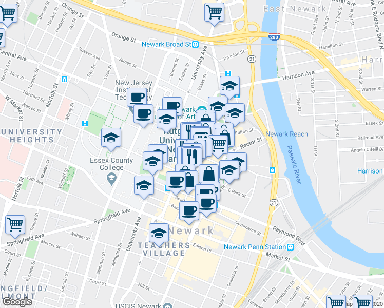 map of restaurants, bars, coffee shops, grocery stores, and more near 71 Halsey Street in Newark