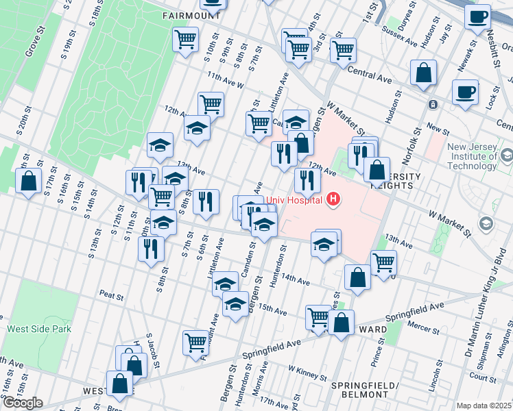 map of restaurants, bars, coffee shops, grocery stores, and more near 216 Fairmount Avenue in Newark