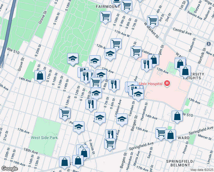 map of restaurants, bars, coffee shops, grocery stores, and more near 331 South Orange Avenue in Newark