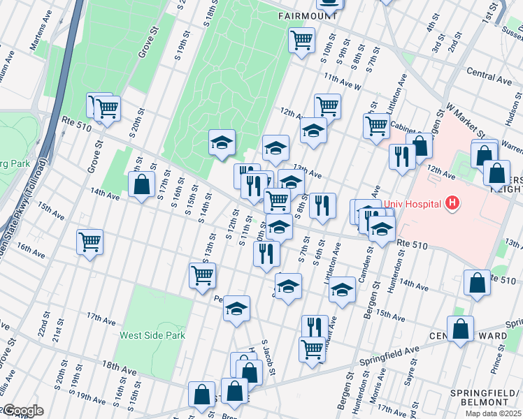 map of restaurants, bars, coffee shops, grocery stores, and more near in Newark