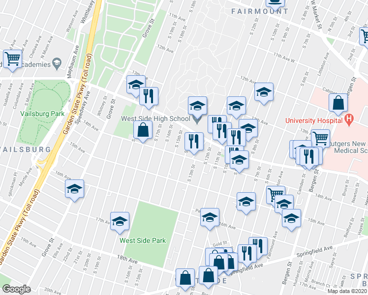 map of restaurants, bars, coffee shops, grocery stores, and more near 286 14th Avenue in Newark