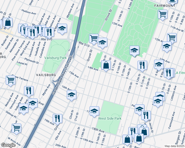 map of restaurants, bars, coffee shops, grocery stores, and more near 495 South 20th Street in Irvington