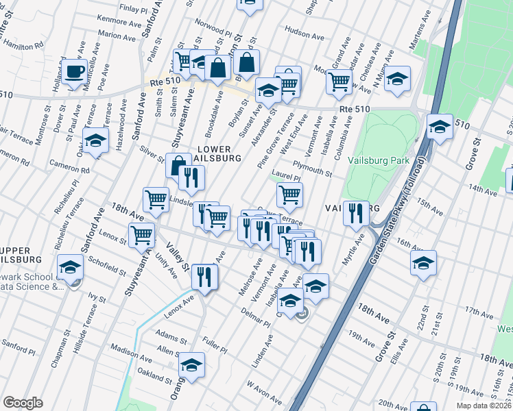 map of restaurants, bars, coffee shops, grocery stores, and more near 61 Carolina Avenue in Newark
