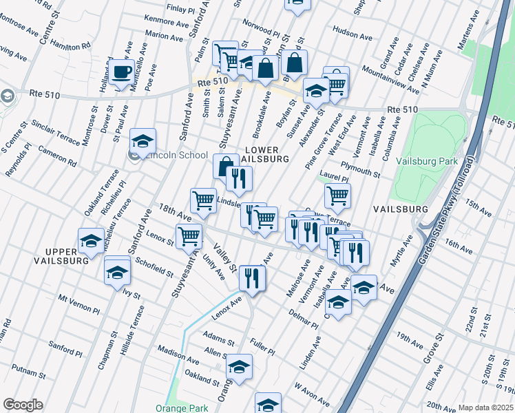 map of restaurants, bars, coffee shops, grocery stores, and more near 78 Lindsley Avenue in Newark