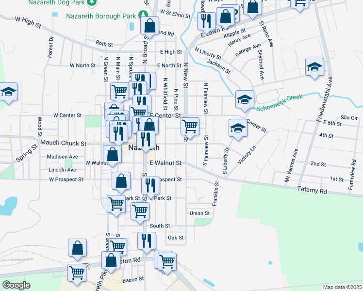map of restaurants, bars, coffee shops, grocery stores, and more near 126 South New Street in Nazareth
