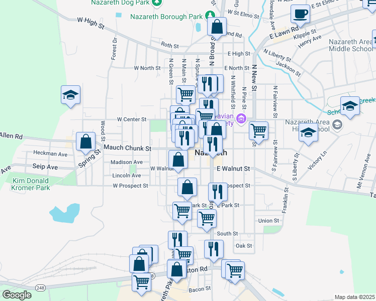 map of restaurants, bars, coffee shops, grocery stores, and more near 122 South Main Street in Nazareth